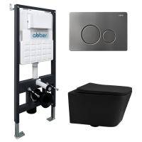 Комплект подвесной унитаз ABBER Rechteck AC1201MB черный матовый с инсталляцией AC0105 и кнопкой AC0121NG никель