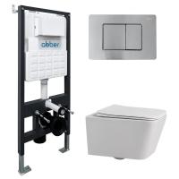 Комплект подвесной унитаз ABBER Rechteck AC1201 белый с инсталляцией AC0105 и кнопкой AC0120MCH матовый хром