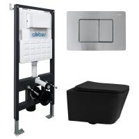 Комплект подвесной унитаз ABBER Rechteck AC1201MB черный матовый с инсталляцией AC0105 и кнопкой AC0120MCH матовый хром