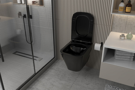 Комплект подвесной унитаз ABBER Rechteck AC1201MB черный матовый с инсталляцией AC0105 и кнопкой AC0120 хром